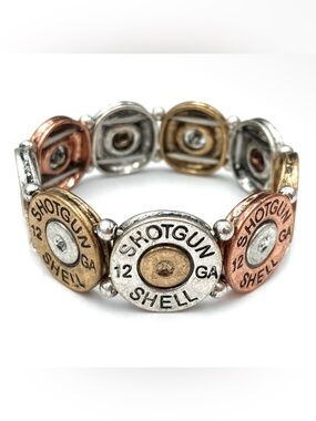 NWT Large 12 GA Shotgun Bullet Shell Stretch Bracelet Tri-Tone Metal